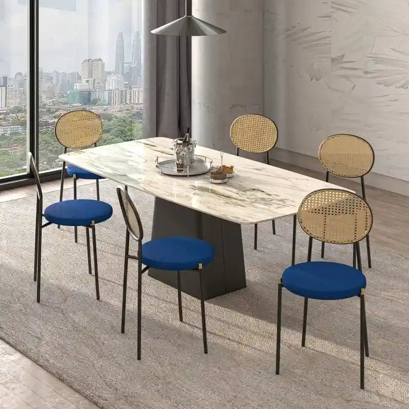 Lot de 4 chaises de salle à manger modernes avec dossier en rotin et siège en velours rembourré pour bureau à domicile, salon et cuisine