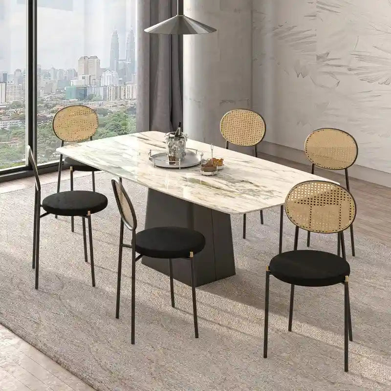 Lot de 4 chaises de salle à manger modernes avec dossier en rotin et siège en velours rembourré pour bureau à domicile, salon et cuisine