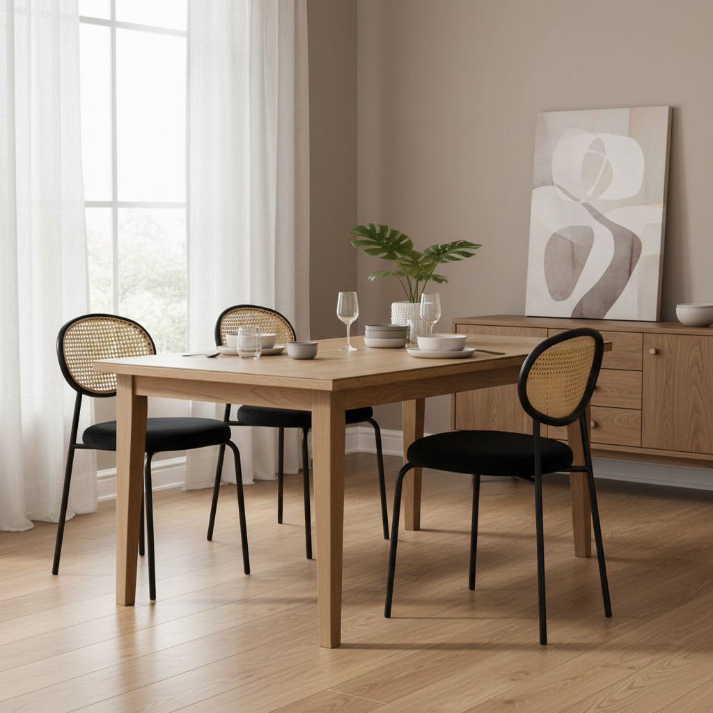Lot de 4 chaises de salle à manger modernes avec dossier en rotin et siège en velours rembourré pour bureau à domicile, salon et cuisine