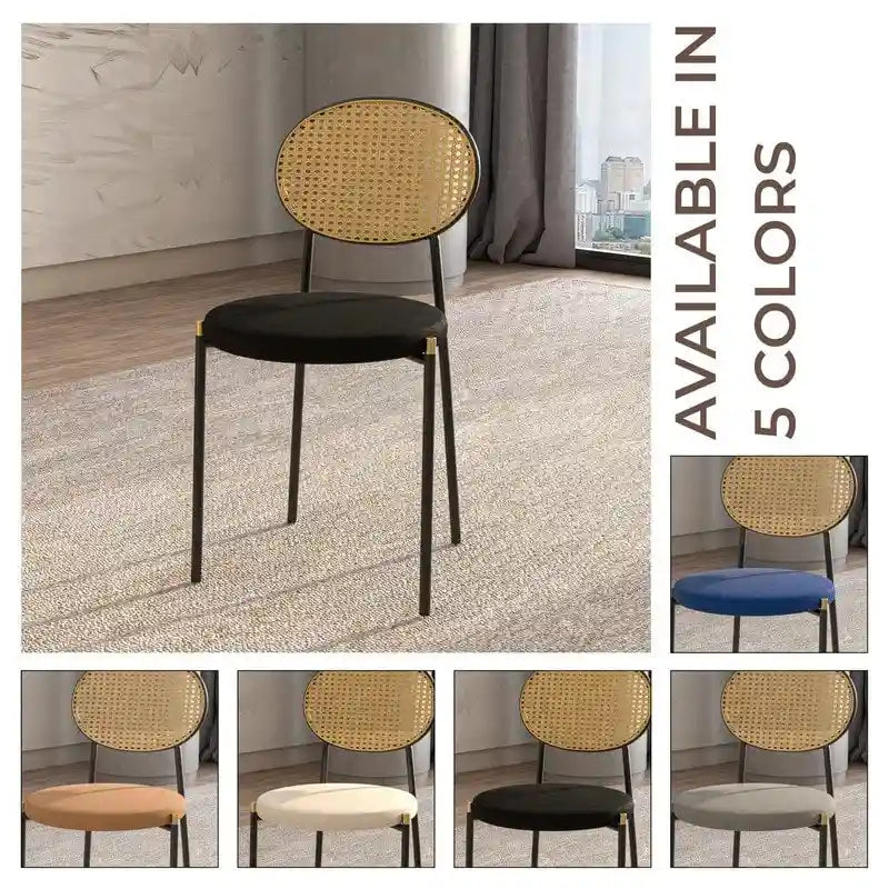 Lot de 4 chaises de salle à manger modernes avec dossier en rotin et siège en velours rembourré pour bureau à domicile, salon et cuisine