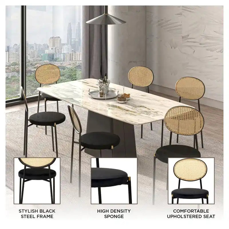 Lot de 4 chaises de salle à manger modernes avec dossier en rotin et siège en velours rembourré pour bureau à domicile, salon et cuisine