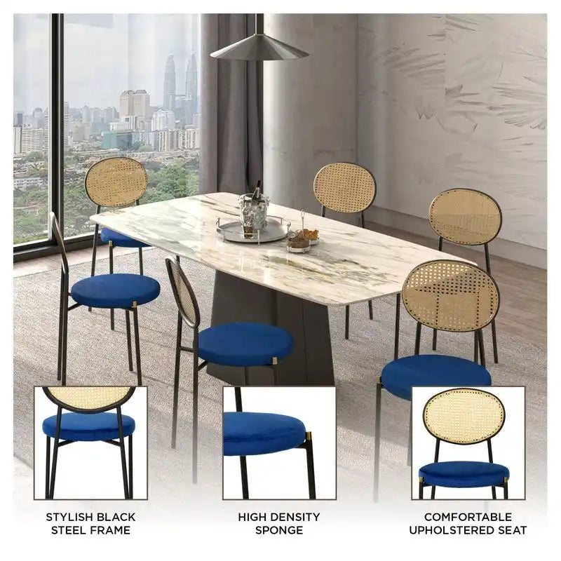 Lot de 4 chaises de salle à manger modernes avec dossier en rotin et siège en velours rembourré pour bureau à domicile, salon et cuisine