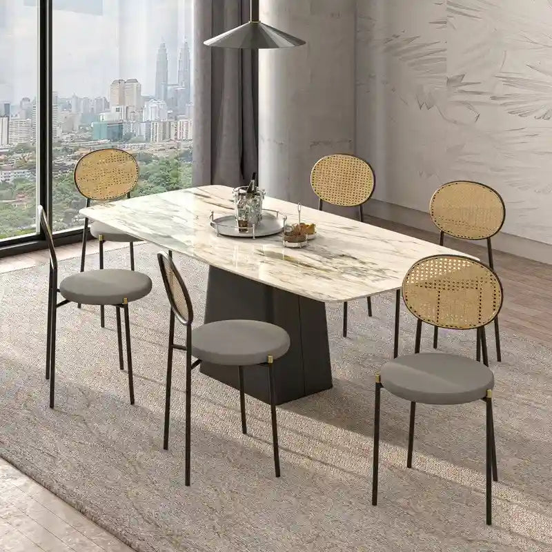 Lot de 4 chaises de salle à manger modernes avec dossier en rotin et siège en velours rembourré pour bureau à domicile, salon et cuisine