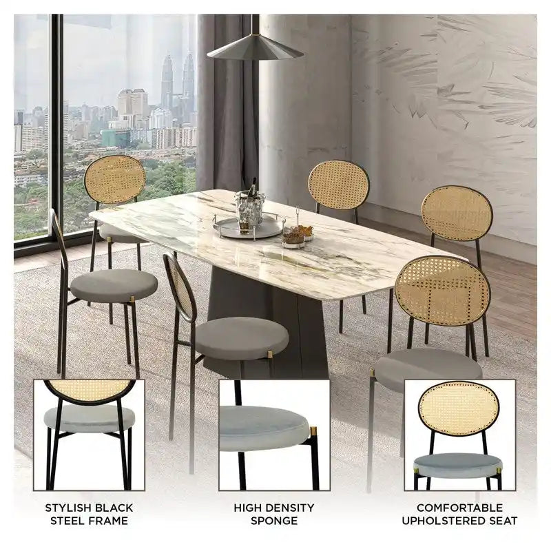 Lot de 4 chaises de salle à manger modernes avec dossier en rotin et siège en velours rembourré pour bureau à domicile, salon et cuisine