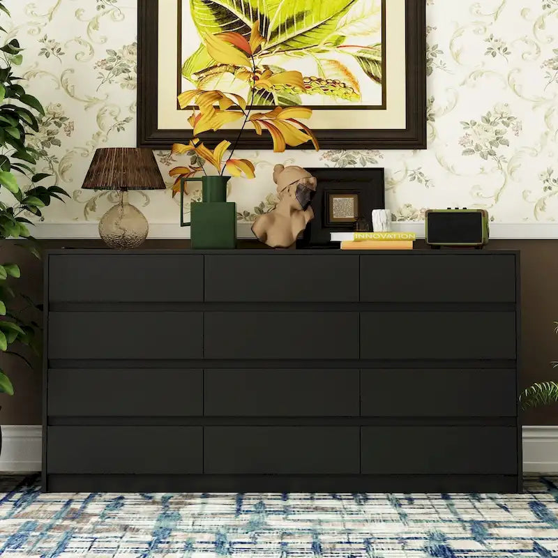 Commode à 12 tiroirs pour chambre avec tiroirs profonds, grande commode en bois sur pied