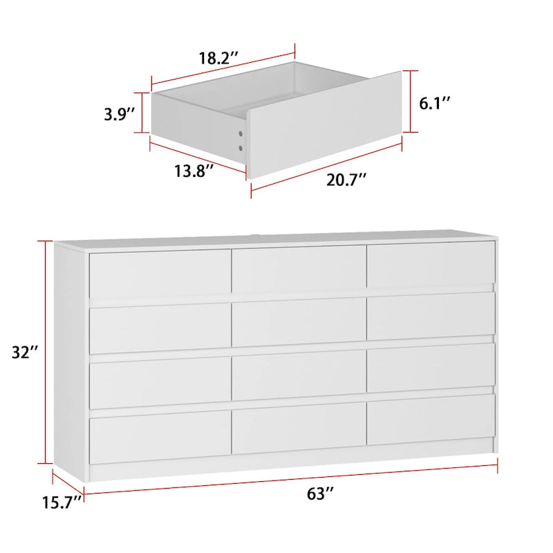 Commode à 12 tiroirs pour chambre avec tiroirs profonds, grande commode en bois sur pied