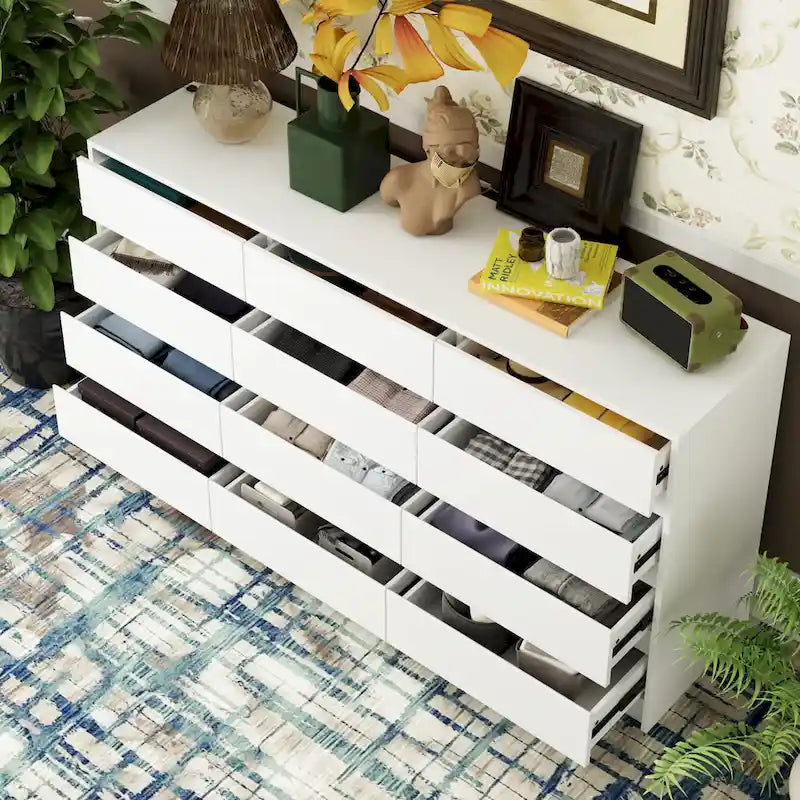 Commode à 12 tiroirs pour chambre avec tiroirs profonds, grande commode en bois sur pied
