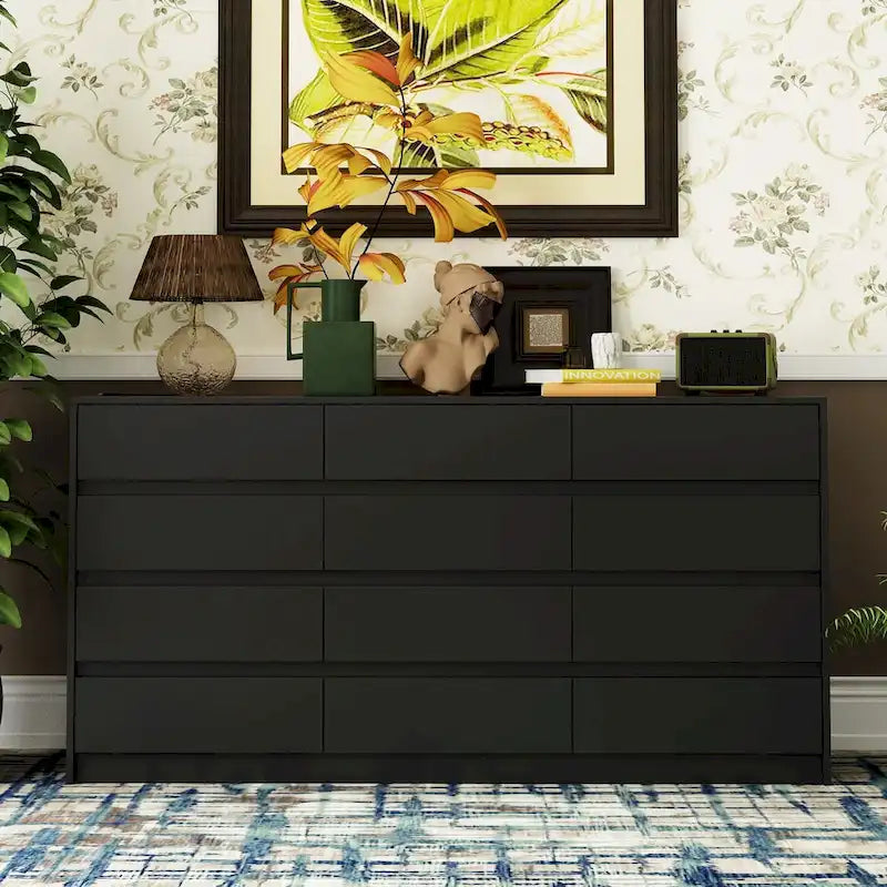 Commode à 12 tiroirs pour chambre avec tiroirs profonds, grande commode en bois sur pied