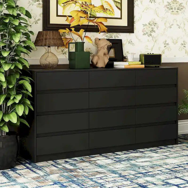 Commode à 12 tiroirs pour chambre avec tiroirs profonds, grande commode en bois sur pied