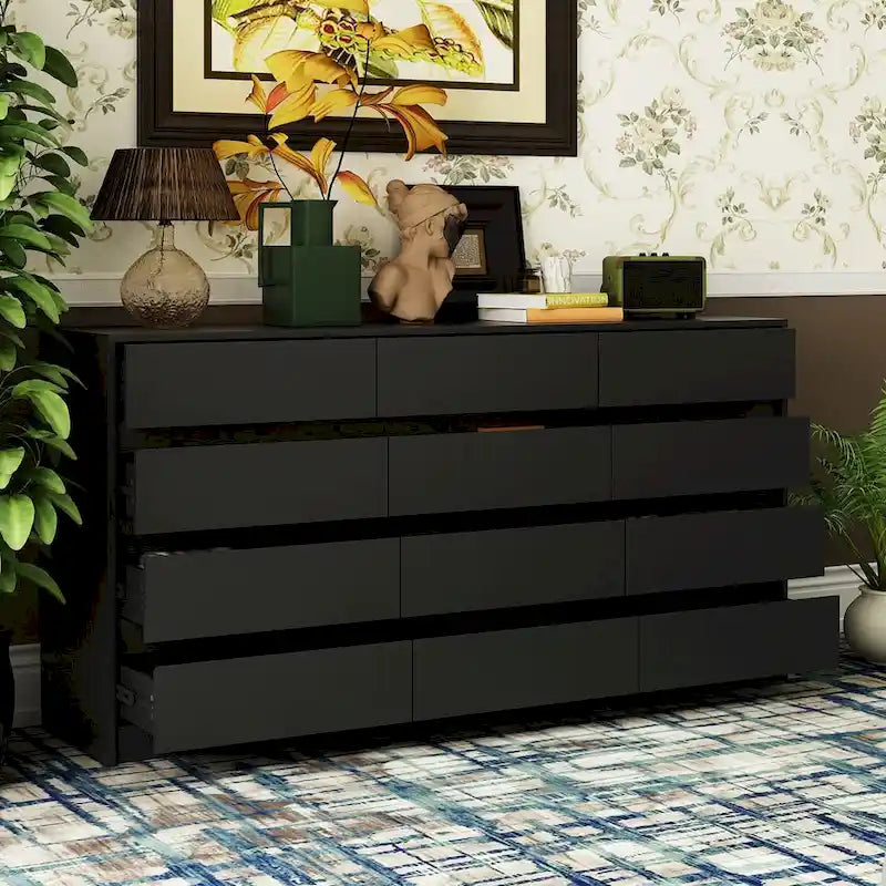 Commode à 12 tiroirs pour chambre avec tiroirs profonds, grande commode en bois sur pied