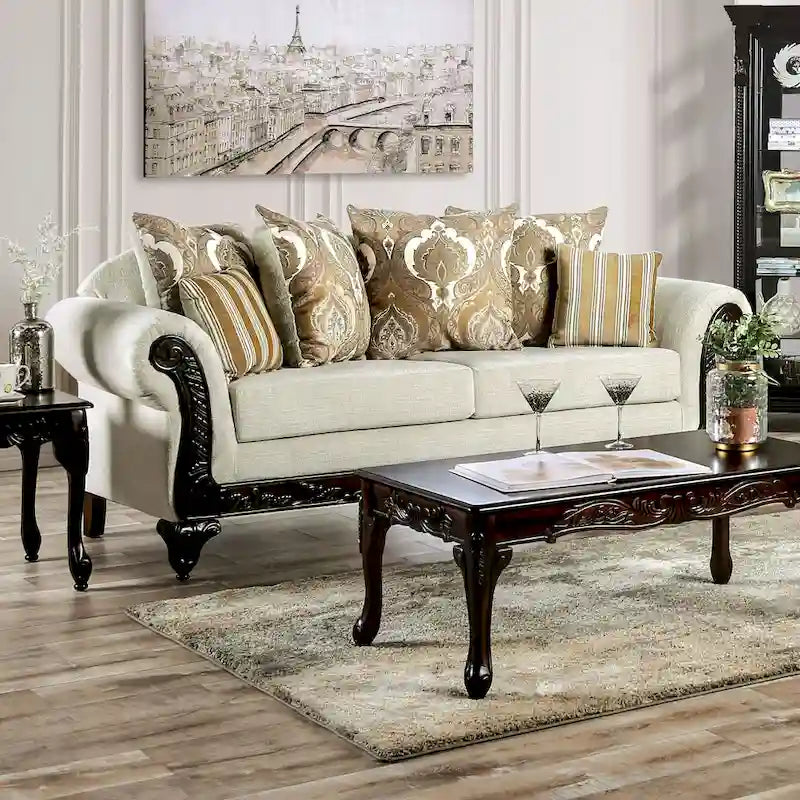  Traditional Cream Chenille Upholstered Rolled Arms Sofa by  