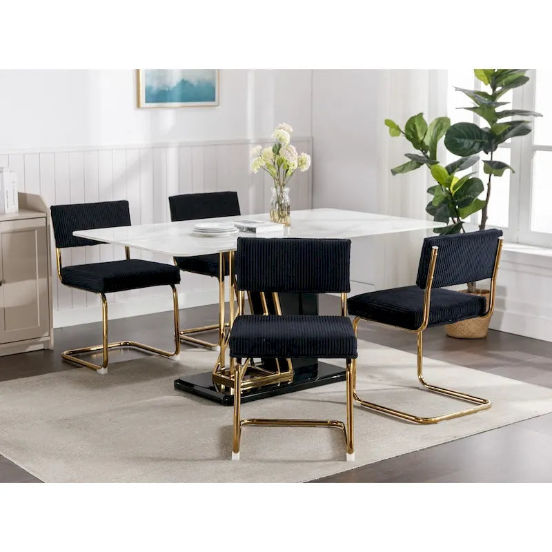 Chaises de salle à manger modernes avec base en métal doré, chaises de cuisine sans accoudoirs avec capitonnage cannelé, lot de 2
