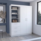 Armoire 3 tiroirs Kenya avec 3 étagères supérieures, 2 cintres, poignées en métal, blanc - N/A