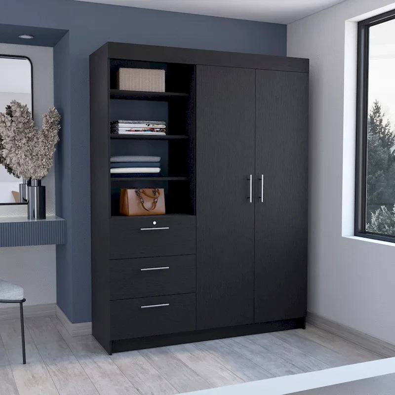 Armoire 3 tiroirs Kenya avec 3 étagères supérieures, 2 cintres, poignées en métal, blanc - N/A