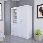Kenya 3-Drawer Armoire with 3 Upper Shelves, 2 Hangers, Metal Handles, White - N/A