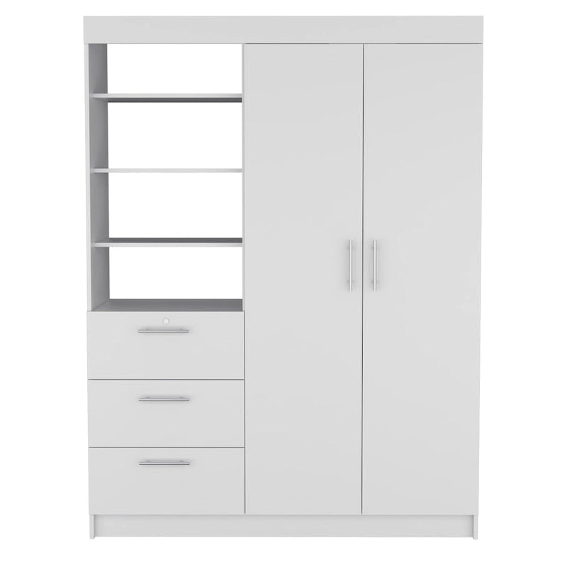 Armoire 3 tiroirs Kenya avec 3 étagères supérieures, 2 cintres, poignées en métal, blanc - N/A