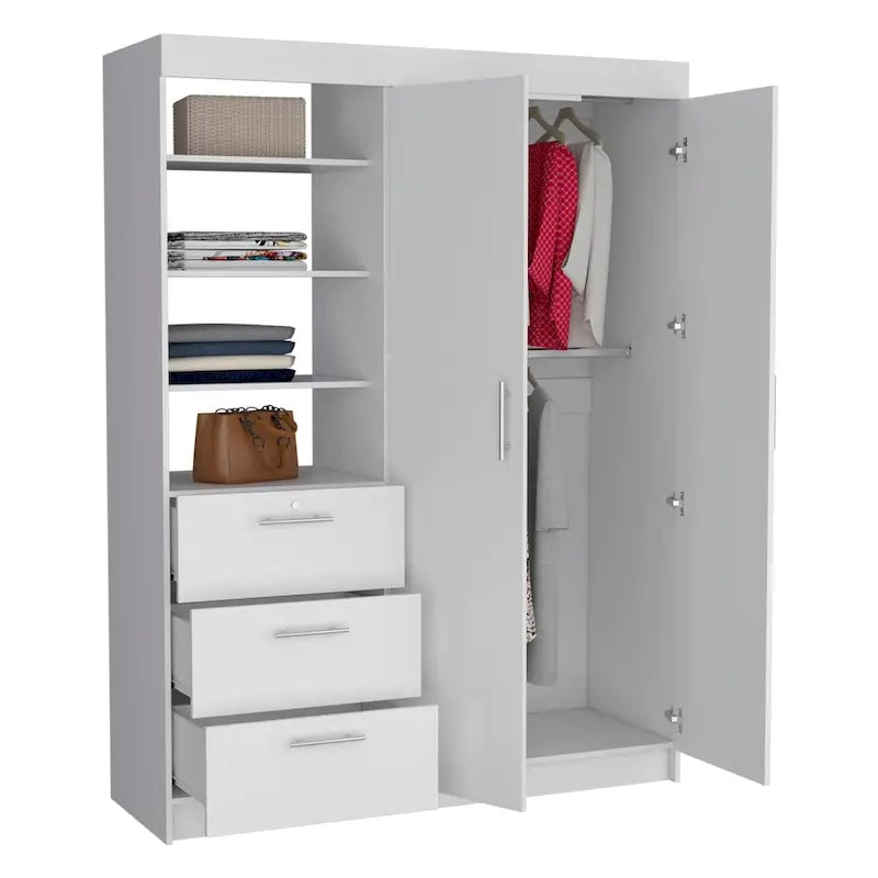 Armoire 3 tiroirs Kenya avec 3 étagères supérieures, 2 cintres, poignées en métal, blanc - N/A
