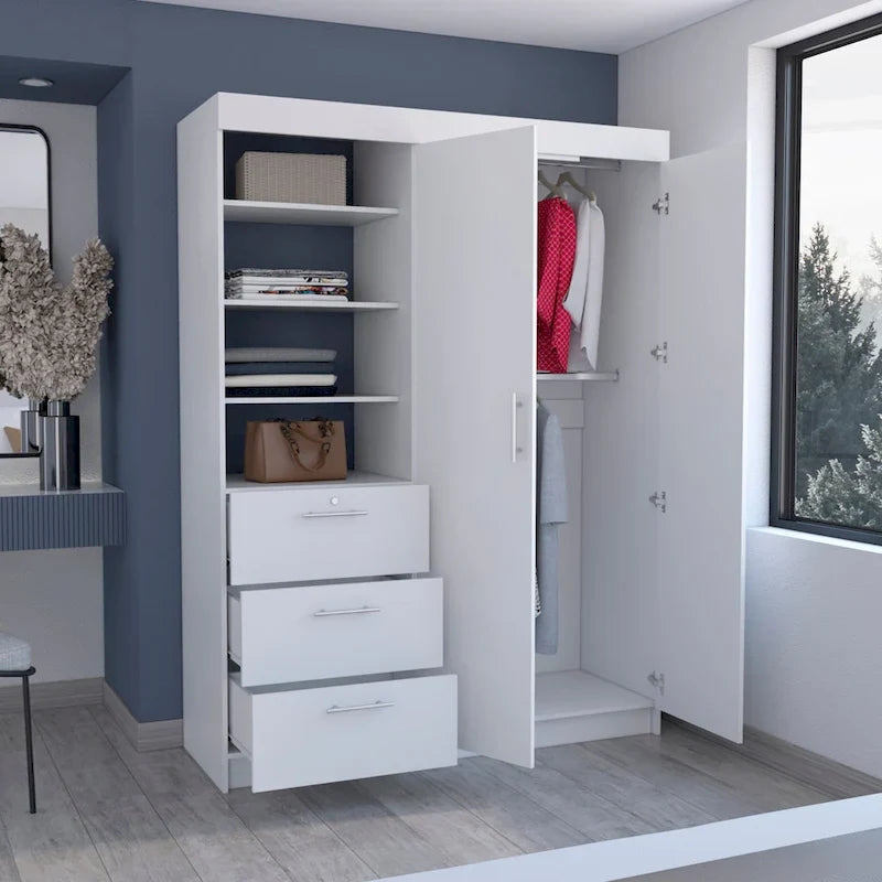 Armoire 3 tiroirs Kenya avec 3 étagères supérieures, 2 cintres, poignées en métal, blanc - N/A