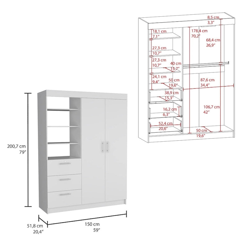 Armoire 3 tiroirs Kenya avec 3 étagères supérieures, 2 cintres, poignées en métal, blanc - N/A