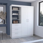 Armoire 3 tiroirs Kenya avec 3 étagères supérieures, 2 cintres, poignées en métal, blanc - N/A