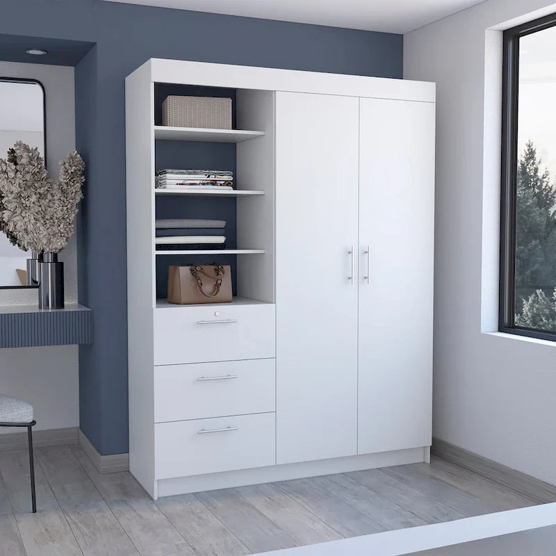 Armoire 3 tiroirs Kenya avec 3 étagères supérieures, 2 cintres, poignées en métal, blanc - N/A