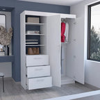 Armoire 3 tiroirs Kenya avec 3 étagères supérieures, 2 cintres, poignées en métal, blanc - N/A
