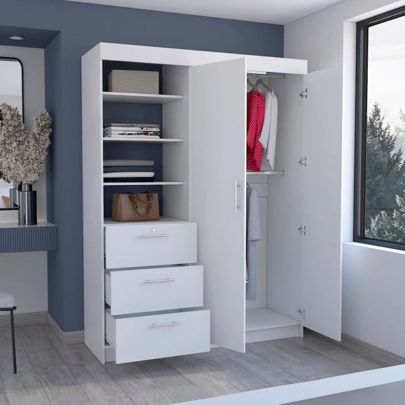 Armoire 3 tiroirs Kenya avec 3 étagères supérieures, 2 cintres, poignées en métal, blanc - N/A