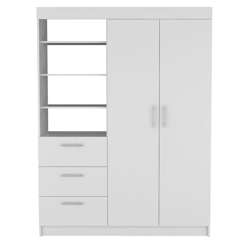 Armoire 3 tiroirs Kenya avec 3 étagères supérieures, 2 cintres, poignées en métal, blanc - N/A