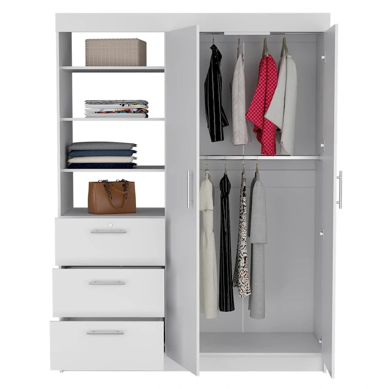 Armoire 3 tiroirs Kenya avec 3 étagères supérieures, 2 cintres, poignées en métal, blanc - N/A