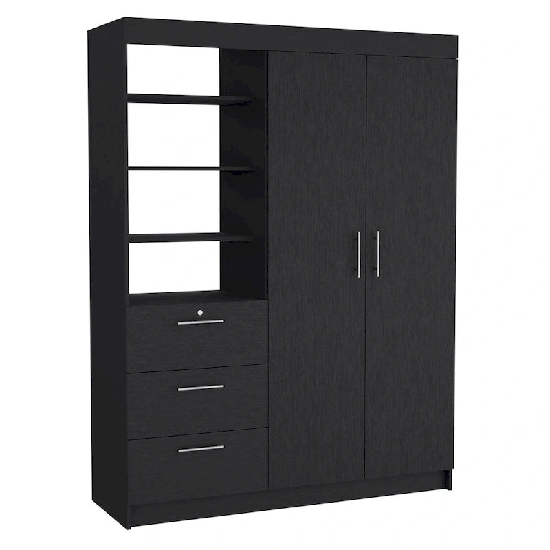 Armoire 3 tiroirs Kenya avec 3 étagères supérieures, 2 cintres, poignées en métal, blanc - N/A