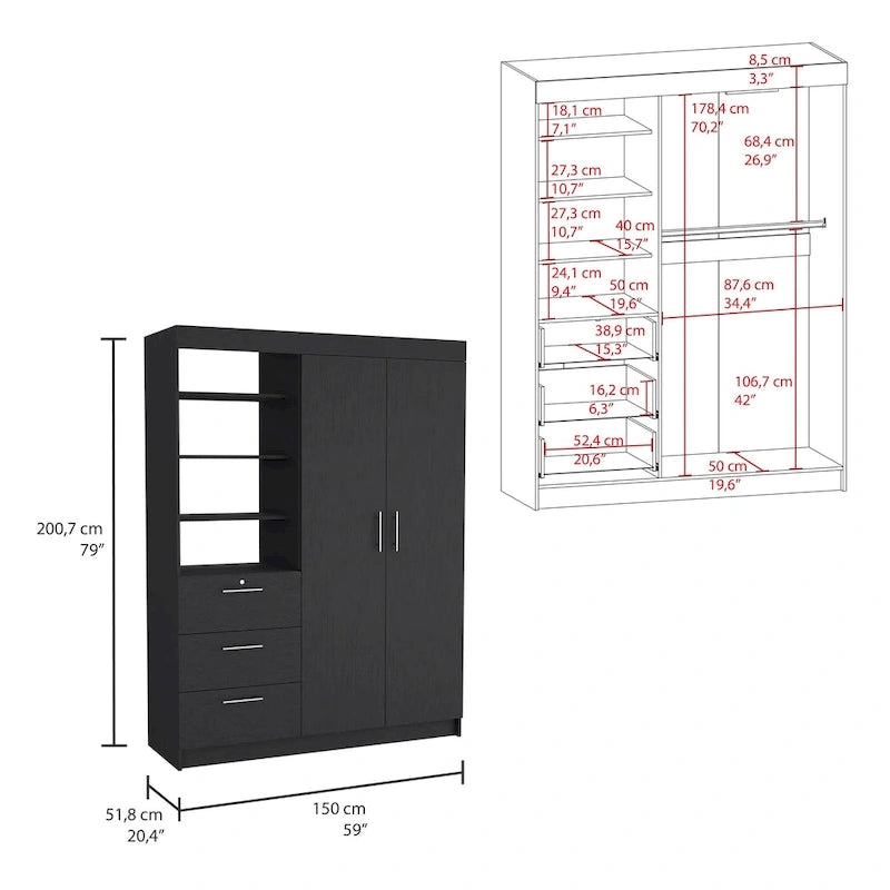 Armoire 3 tiroirs Kenya avec 3 étagères supérieures, 2 cintres, poignées en métal, blanc - N/A