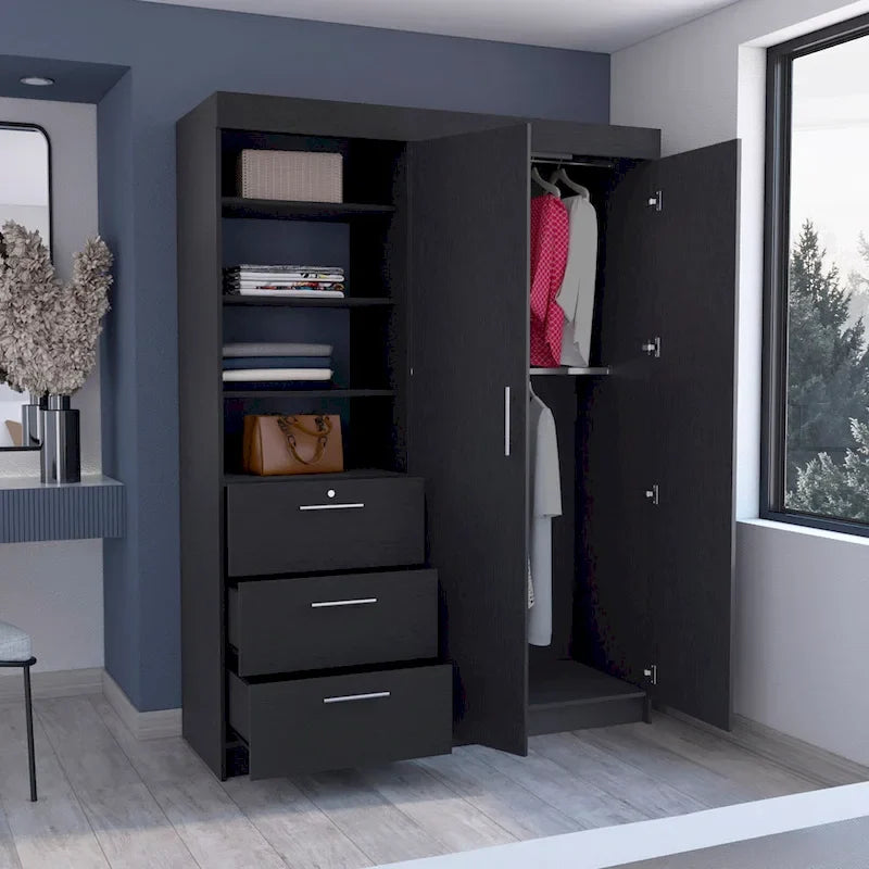 Armoire 3 tiroirs Kenya avec 3 étagères supérieures, 2 cintres, poignées en métal, blanc - N/A
