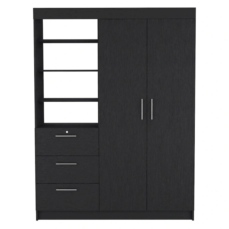 Armoire 3 tiroirs Kenya avec 3 étagères supérieures, 2 cintres, poignées en métal, blanc - N/A