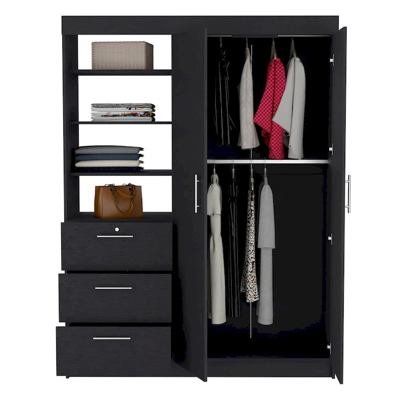 Armoire 3 tiroirs Kenya avec 3 étagères supérieures, 2 cintres, poignées en métal, blanc - N/A