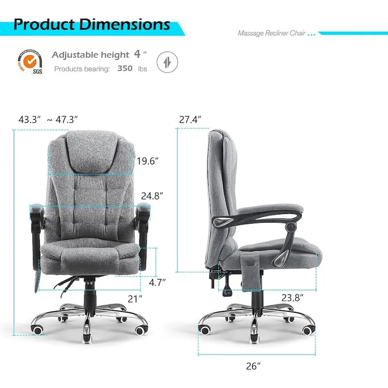 Chaise de bureau ergonomique avec 7 points de massage vibrant et fonctions chauffantes