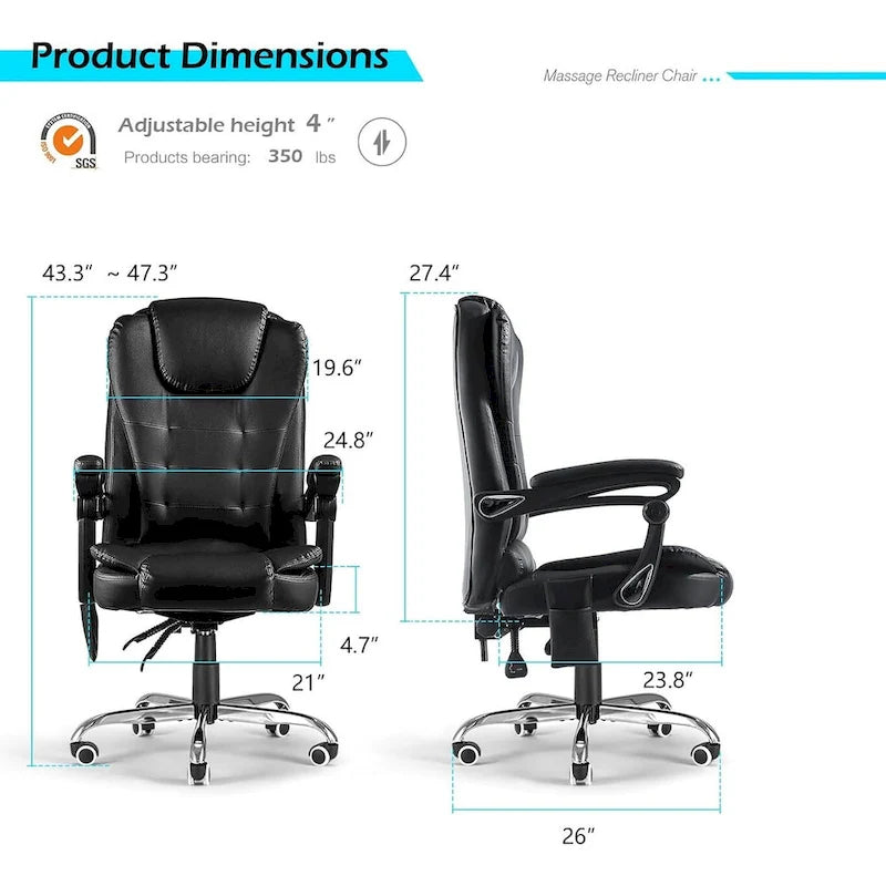 Chaise de bureau ergonomique avec 7 points de massage vibrant et fonctions chauffantes
