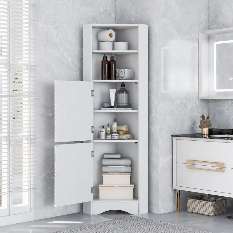 Meuble de salle de bain haut sur pied, meuble de rangement d'angle avec portes et étagères réglables