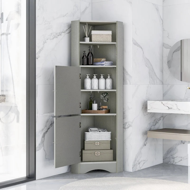 Meuble de salle de bain haut sur pied, meuble de rangement d'angle avec portes et étagères réglables
