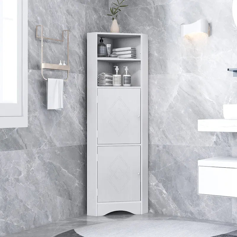 Meuble de salle de bain haut sur pied, meuble de rangement d'angle avec portes et étagères réglables