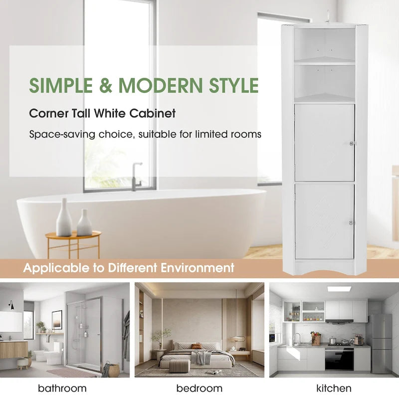 Meuble de salle de bain haut sur pied, meuble de rangement d'angle avec portes et étagères réglables