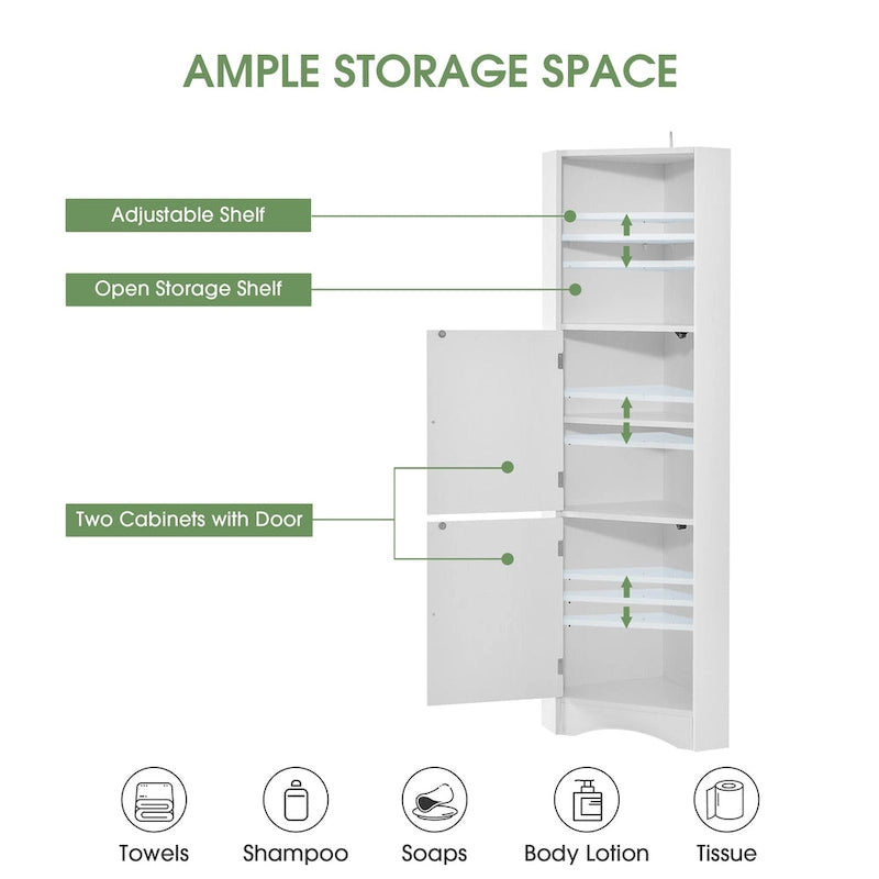 Meuble de salle de bain haut sur pied, meuble de rangement d'angle avec portes et étagères réglables