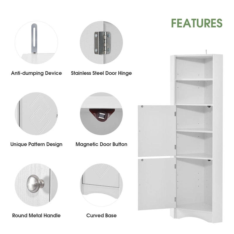 Meuble de salle de bain haut sur pied, meuble de rangement d'angle avec portes et étagères réglables