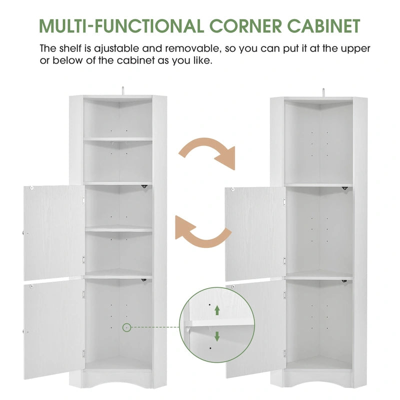 Meuble de salle de bain haut sur pied, meuble de rangement d'angle avec portes et étagères réglables