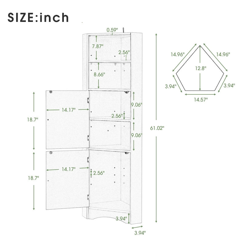Meuble de salle de bain haut sur pied, meuble de rangement d'angle avec portes et étagères réglables