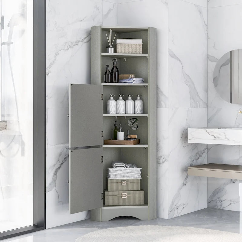 Meuble de salle de bain haut sur pied, meuble de rangement d'angle avec portes et étagères réglables