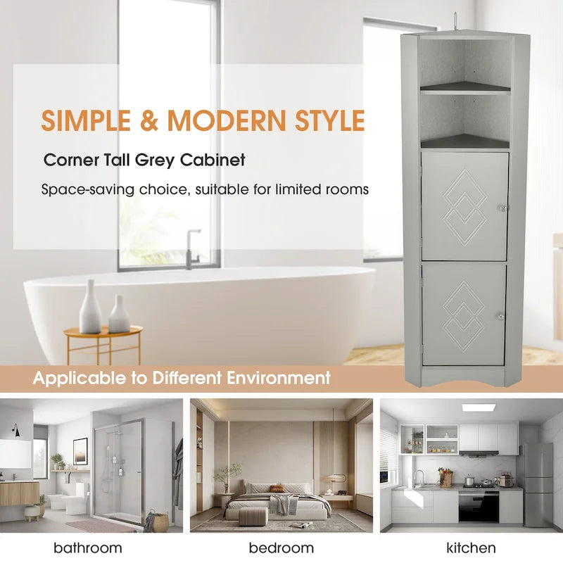 Meuble de salle de bain haut sur pied, meuble de rangement d'angle avec portes et étagères réglables