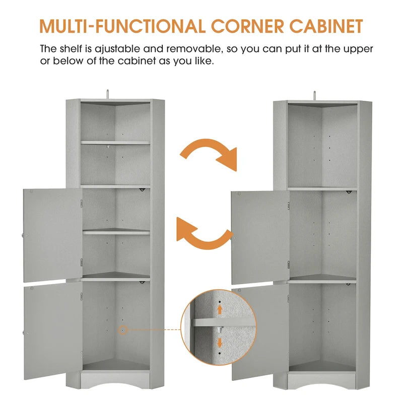 Meuble de salle de bain haut sur pied, meuble de rangement d'angle avec portes et étagères réglables