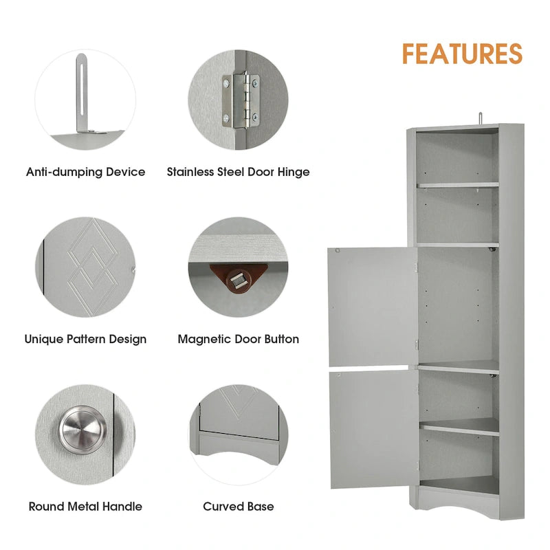 Meuble de salle de bain haut sur pied, meuble de rangement d'angle avec portes et étagères réglables