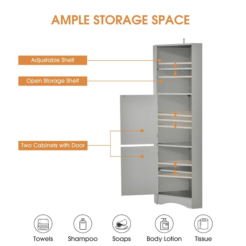 Meuble de salle de bain haut sur pied, meuble de rangement d'angle avec portes et étagères réglables