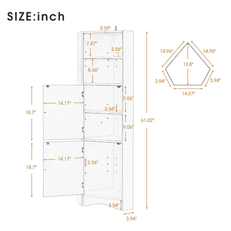 Meuble de salle de bain haut sur pied, meuble de rangement d'angle avec portes et étagères réglables